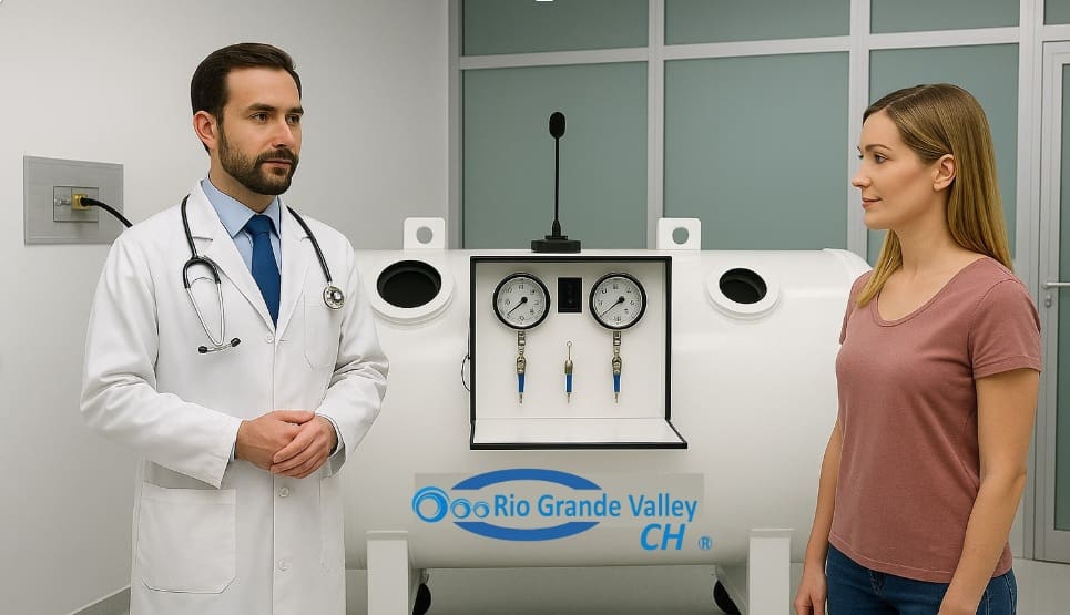 Médico con bata  y paciente frente a cámara hiperbárica modelo VG-120 en consultorio clínico moderno, preparados para tratamiento de oxigenoterapia.
